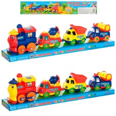 Паровоз та 3 вагони-будтехніки, їздить, на батарейці, в асортименті, під слюдою 34х9х6 см