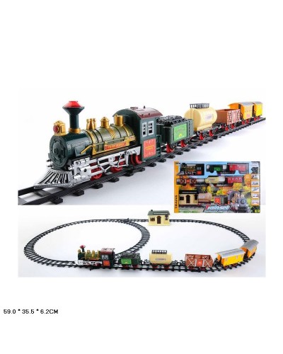 Залізниця на 18 елементів зі світлом та звуком, довжина колій 135 см, 5 вагонів, на батарейці, у коробці 59х35,5х6,2 см