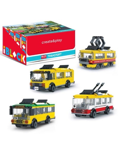 Конструктор «Міський транспорт» на 173-182 деталі, в асортименті, у коробці 22х16х6, 8 шт у боксі 45х25х17 см, IBLOCK