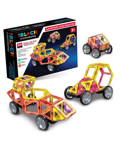 Конструктор магнітний на 32 деталі з інструкцією, накліпками з українськими літерами, цифрами, геометричними фігурами, у коробці 32х8х45 см, IBLOCK