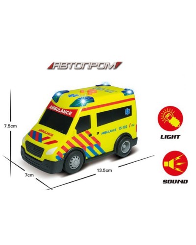 Машина «Швидка медична допомога» зі світлом та звуком, на батарейці, у коробці 18х10,5х8,5 см, Автопром