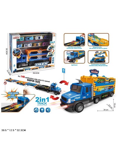 Трейлер-трек 34 см з 8 металекими машинками зі світлом та звуком, на батарейціі, у коробці 39,5х12,5х32,3 см