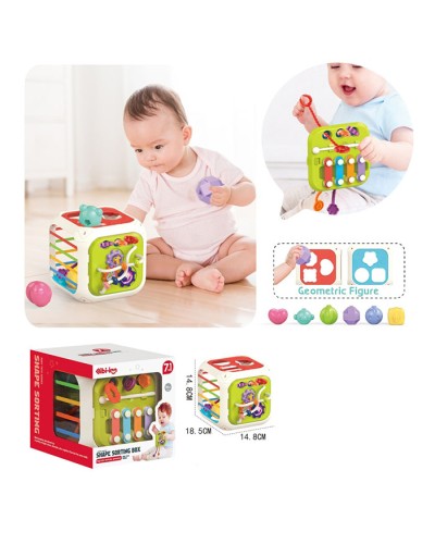 Бізікуб 7 в 1 14х15х16 см розвиваючий з гумовими гранями, ксилофоном на 4 тони, рухомими деталями, сортером та 6 фігурками-брязкальцями 15х15 см, у коробці 15х15х18,5 см
