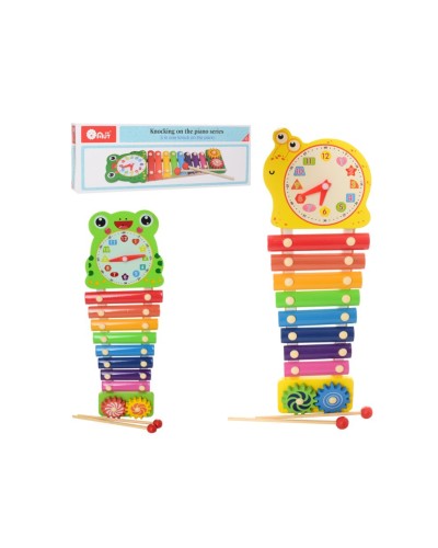 Ксилофон дерев'яний на 8 тонів з годинником, 2 паличками та рухомими деталями, у коробці 39х13,5х4 см