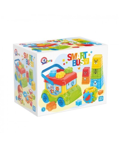 Ігровий набір «Автобус» з 23 елементів: автобус з кришкою сортером, пірамідка з 5 елементів, кубик-сортер, фігурки тваринок та геометричних форм, у коробці 20,5х16х13,5 см, ТМ Технок