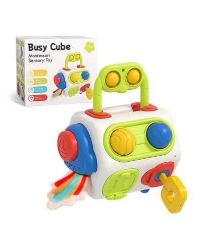 Бізікуб «Pop it» 12х10х9 см з рухомими деталями, м'якими кнопками, пискавкою, дзеркалом, замком, ключами, шестернями, вмикачем, спінером, у коробці 12,5х11х9 см