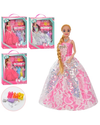 Лялька 28 см шарнірна з аксесуарами: сукні, сумочка, корона, взуття, в асортименті, у коробці 28х32х4,5 см