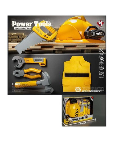 Набір інструментів: каска 24х20х14 см зі світлом, жилет, пила, молоток, плоскогубці, гайковий ключ, на батарейці, у корбці 41х31х1