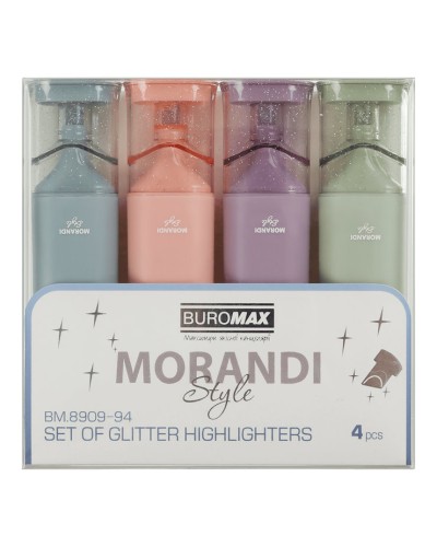 Набір із 4 маркерів «MORANDI STYLE Glitter» (маренго, оливковий, капучіно, пудровий) 1-4 мм текстових, ТМ Buromax
