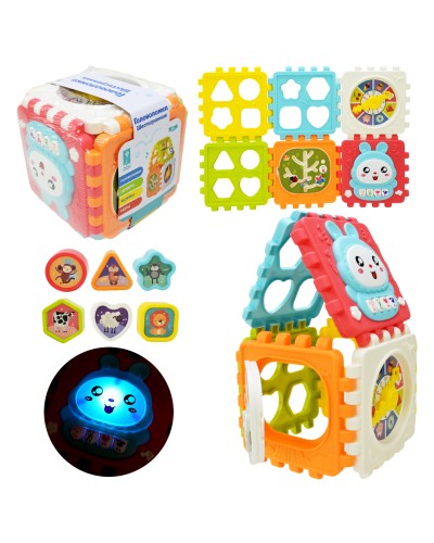 Куб-сортер музичний з фігурками-вкладками та світлом, на батарейці, під слюдою 13,5х13,5х13,5 см