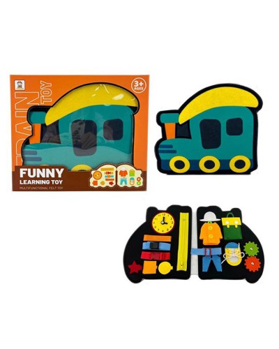 Бізікнижка «Паровозик» 27х23х2 см з бізібордом 47-27 см, шестернями, гардеробом, шнурівкою, застібкою-блискавкою, липучками, застібками та годинником, у коробці 30х24х3,5 см