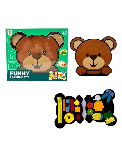 Бізікнижка «Ведмедик» 29х24,5х2 см з бізібордом 50х29 см, шестернями, гардеробом, шнурівкою, застібкою-блискавкою, годинником, застібками та липучками, у коробці 30х25х3,5 см