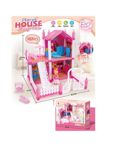 Будиночок 30,5х31х35 см 2-поверховий на 107 деалей з меблями та лялькою, у коробці 28х21х7 см