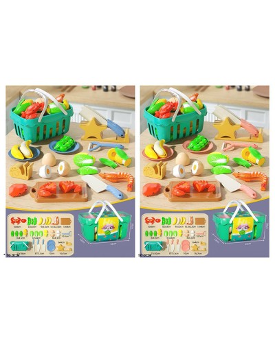 Набір продуктів на липучці: продукти, дошка, ніж, тарілки, точилка для ножів, в асортименті, у кошику 21х13х10 см