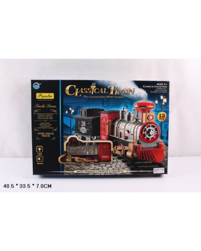 Залізниця зі світлом та звуком: локомотив, вагон та 10 сегментів дорги, на батарейці, у коробці 48,5х33,5х7 см