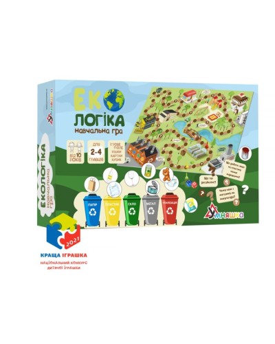 Гра настільна «Екологіка»: ігрове поле, 28 карток із запитаннями, 166 жетонів, ігровий кубик та 4 фішки для гравців, у коробці 29,5х18х5 см, ТМ Умняшка