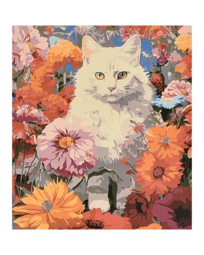 Картина за номерами «Білий кіт у світі квітів» 40х50 см, ТМ Strateg