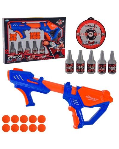 Набір з іграшковою помповою зброєю 38,5 см, 10 поролоновими снарядами, 5 кеглями та мішенню, у коробці 49х6,5х32,6 см