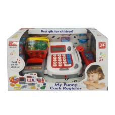 Касовий апарат 27х15х16 см зі світлом, звуком, калькулятором, сканером, мікрофоном, продуктами, кошиком та грошима, на батарейці, у коробці 33х18,5х19 см