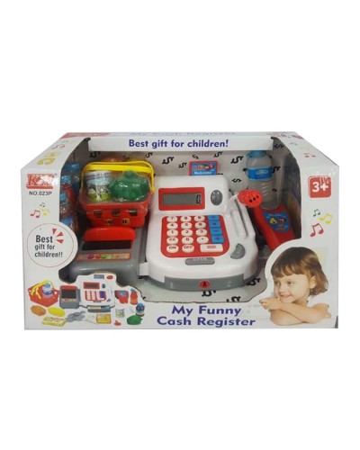 Касовий апарат 27х15х16 см зі світлом, звуком, калькулятором, сканером, мікрофоном, продуктами, кошиком та грошима, на батарейці, у коробці 33х18,5х19 см
