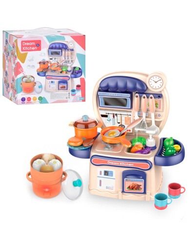 Дитяча кухня на 18 предметів зі світлом, звуком та паром: плита, мийка з водою, посуд, продукти, на батарейці, у коробці 26х25х22 см