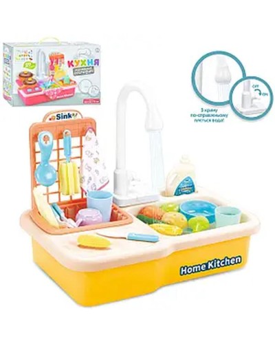 Дитяча кухня 39,5х24,5х34 см з 20 предметів: мийка з водою, набір посуду, продукти, на батарейці, у коробці 40х27х11,5 см