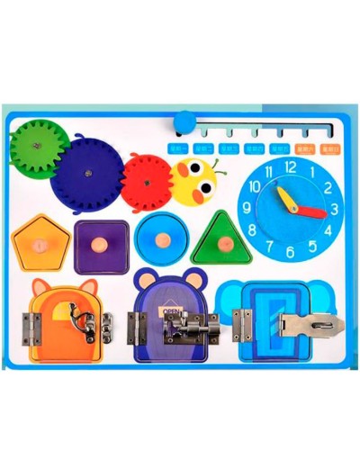 Бізіборд 30х22,5 см: засуви, шестерні, рамка-вкладиш із ручкою, годинник, лабіринт рухомі деталі, у коробці 31х23,5х2,5 см