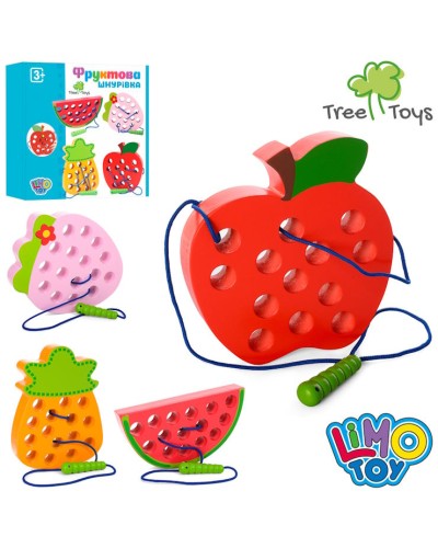 Дерев'яна іграшка «Шнурівка фрукти» 15 см, в асортименті, у коробці 18х18х3 см