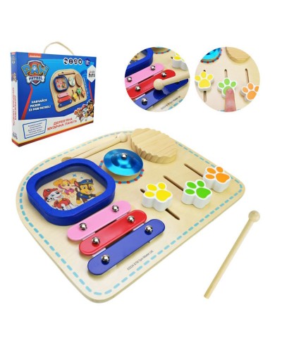 Дерев'яна іграшка «Paw Patrol» 26,5х21,5х2 см: ксилофон, барабан, тріскачка, металева тарілка, тумблери, у коробці 27,5х3,5х,22,5 см