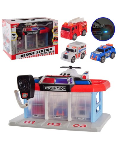 Паркінг з 3 машинками та гелікоптером, на батарейці у коробці 27,5х19,5х19,5 см