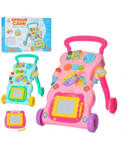 Каталка-ходунки музична зі світлом, дощечкою та тріскачкою на батарейці в асортименті, у коробці 46х34х11 см