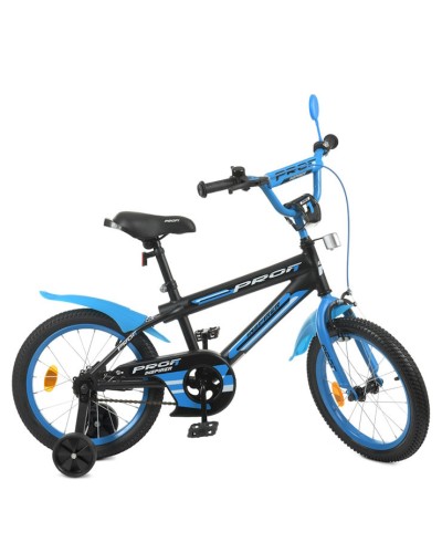 Велосипед «PROF1 Inspirer» з колесами 16 дюймів, дзвінком, ліхтарем та багажником, чорно-синій