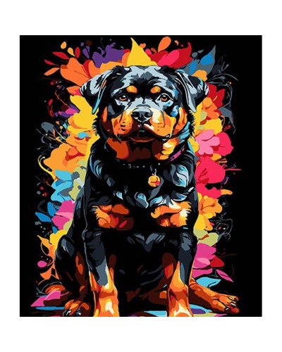 Картина за номерами «Ротвейлер на фоні кольорових квітів» 30х40 см, ТМ Strateg