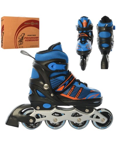 Ролики 35-38 розміру зі шнурівкю та баклею, алюміневою рамою, колесами ПУ, сині, у коробці 35х28х10,5 см