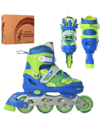Ролики 35-38 розміру зі шнурівкю та баклею, алюміневою рамою, колесами ПУ, блакитно-зелені, у коробці 35х28х10,5 см