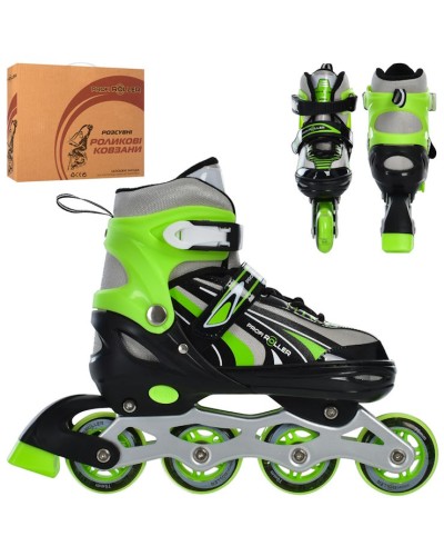 Ролики 39-42 розміру зі шнурівкю та баклею, алюміневою рамою, колесами ПУ, зелені, у коробці 35х28х10,5 см