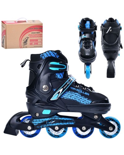 Ролики 39-42 розміру на алюмінієвій рамі зі шнурівкю та баклею, колесами ПУ, сині, у коробці 35х28х10,5 см