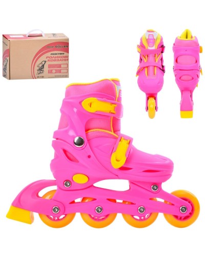 Ролики 31-34 розміру з баклею, пластиковою рамою, колесами ПУ, рожеві, у коробці 35х28х10,5 см