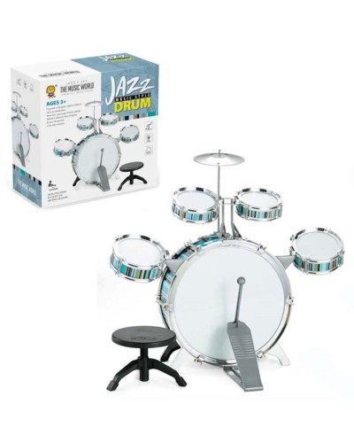 Барабанна установка 40х41х21 см: 5 барабанів різного діаметру, тарілка, 2 палички та стільчик, у коробці 32х32х13 см