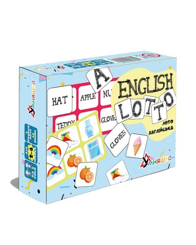 Гра настільна «Лото англійська/English lotto»: 4 двосторонніх поля та 48 фішок, у коробці 20х15х5 см, ТМ Умняшка