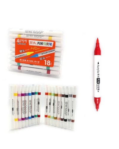 Набір акрилових двосторонніх скетчмаркерів «Aodemei» на 18 кольорів з круглим наконечником м'який+твердий, у пластиковому контейнері, ТМ J.Otten