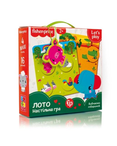 Гра настільна «Лото. Вивчаємо тваринок» з 4 карток та 16 фішок, у коробці 21,5х6х21,5 см, ТМ Vlady Toys