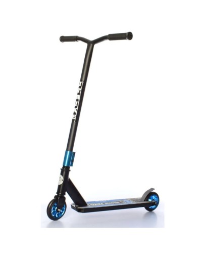 Самокат трюковий: рама алюміній+сталь з колесами ПУ діаметром 11 см, кермом 86 см та підніжкою 32х10 см, чорно-синий