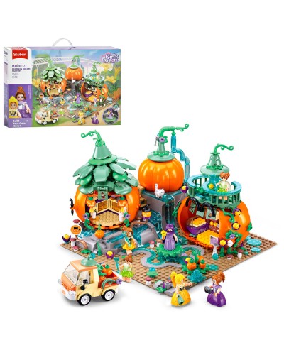 Конструктор Sluban Рожєва Серія, Будінок (у вигляді гарбуза), машина, фігурки, 952 дет, 62-42.5-9см