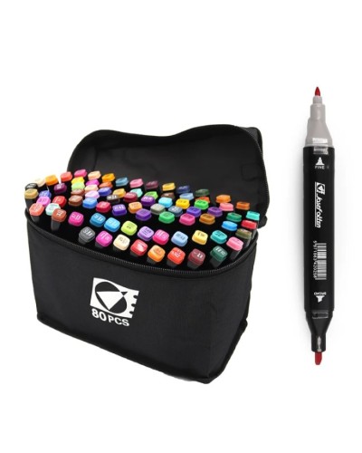 Набір скетч-маркерів двосторонніх на 80 кольорів зі кругл/скошеним наконечником у пластиковому корпусі, у сумці