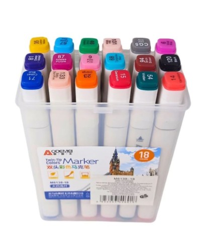 Набір скетч маркерів «Aodemei» двосторонніх на 18 кольори зі кругл/скошеним наконечником, ТМ Aodemei