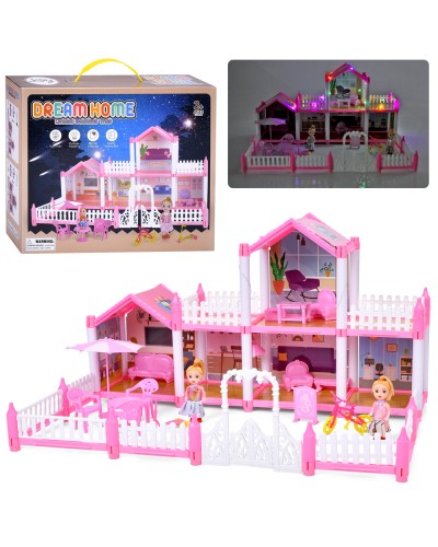 Будиночок 2-поверховий на 138 деталей з 2 ляльками по 10 см зі світлом та меблями, на батарейках, у коробці 30х25х8 см.