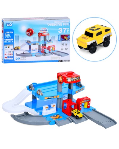 Гараж 59х52х32 см 2-поверховий на 37 деталей з машинкою 8 см та ліфтом, на батарейках, у коробці 58х11х37 см