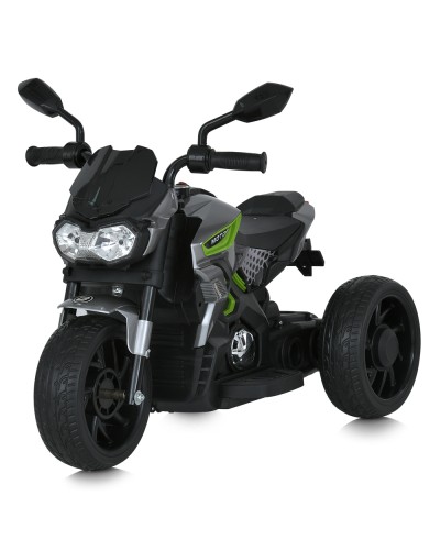 Мотоцикл з 1 мотором 25 Вт на 1 акумуляторі 12V 5AH, з MP3, USB, TF, музикою та світлом, сірий зі світло-зеленими вставками.