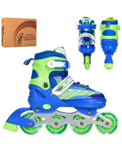 Ролики 35-38 розміру з розсувною метлалевою рамою, шнуроком, пряжкою, колесами ПУ 70 мм та світлом, синьо-зелені,